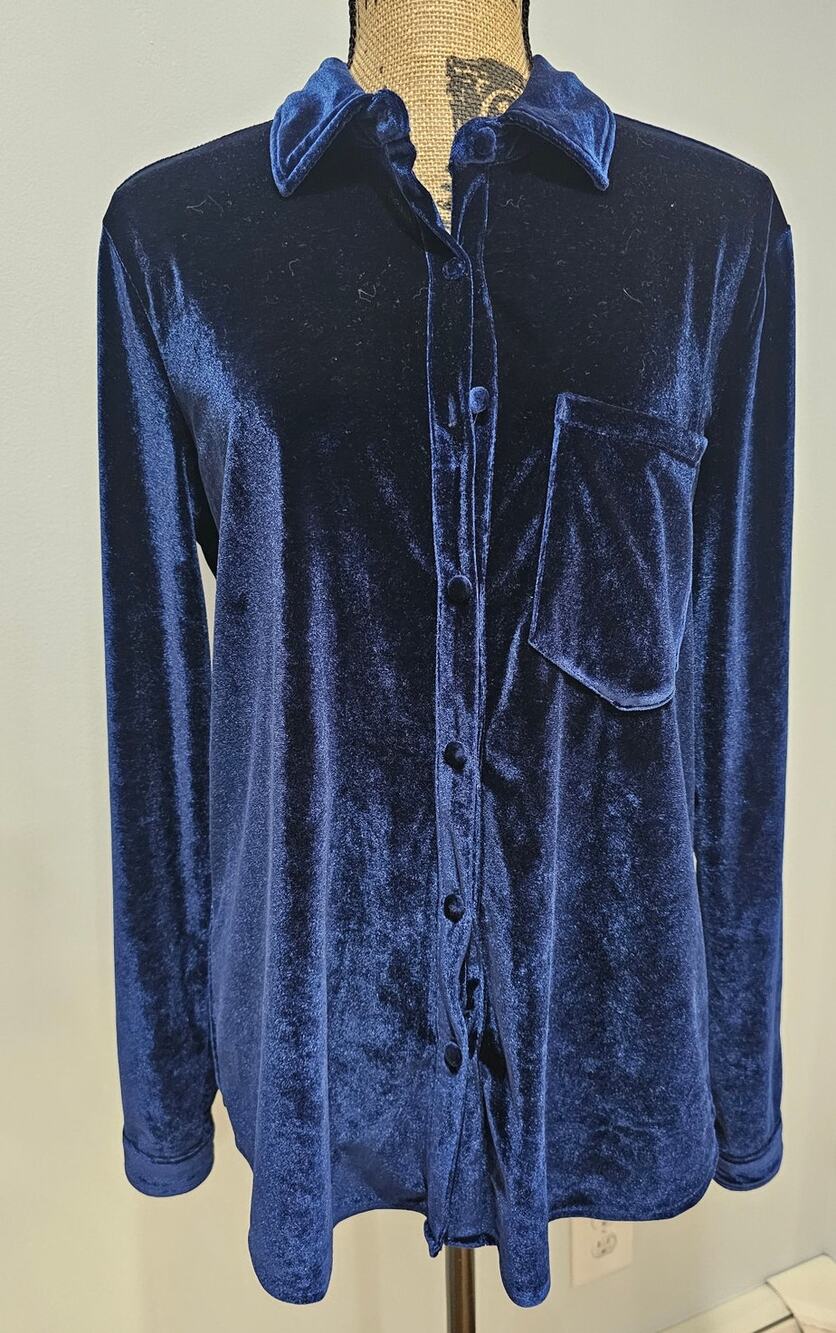 LPA Velour Velvet Button Down Shirt, Deep Blue, Oversized, Womens Sz S
